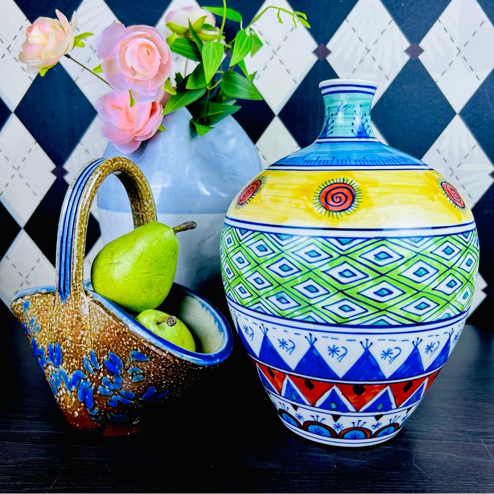 Large Geometric Folk Art‎ 9.5" Vase Vibrant Mediterranean Ceramic Hand Painted